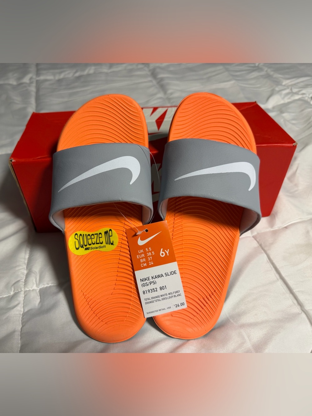 NEW Nike Kawa Slide Kids' Orange and Gray Slip-On Sandals - size 6Y